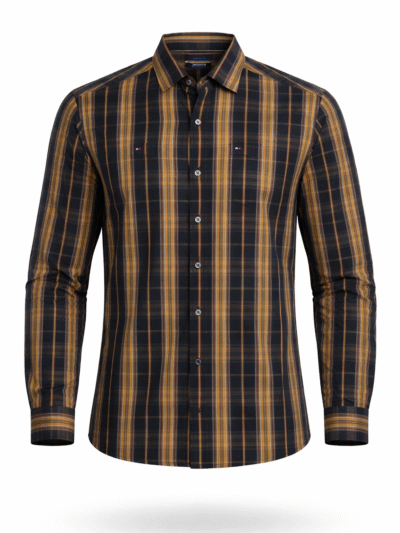 Men’s Slim Fit Checked Shirt – Black & Mustard Vertical Stripe